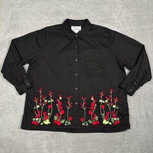Options Delta Burke Womens 2X Black Floral Embroidered Button Shirt Boho Cottage